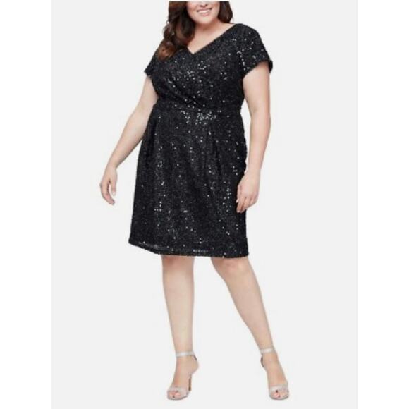 SLNY Black Sequin V Neck Short Sleeve Knee Length Cocktail Event Dress Sz 18 W - Picture 1 of 9